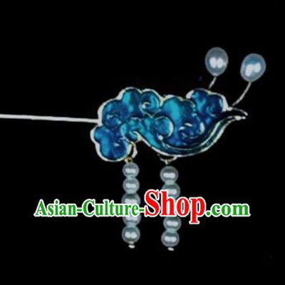 Chinese Ancient Qing Dynasty Princess Pearls Tassel Blue Hair Stick Traditional Cloisonne Cloud Hairpin