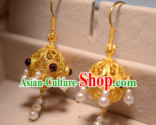 Chinese Ancient Court Golden Lantern Ear Jewelry Traditional Tang Dynasty Garnet Earrings Accessories Chinese Ancient Court Golden Lantern Ear Jewelry Traditional Tang Dynasty Garnet Earrings Accessories