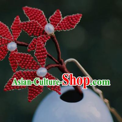 Chinese Traditional Handmade Hanfu Hairpin Ancient Princess Red Beads Maple Leaf Hair Stick