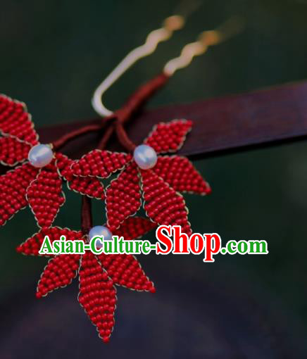 Chinese Traditional Handmade Hanfu Hairpin Ancient Princess Red Beads Maple Leaf Hair Stick Chinese Traditional Handmade Hanfu Hairpin Ancient Princess Red Beads Maple Leaf Hair Stick