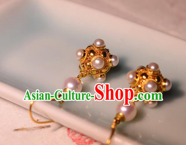 Chinese Ancient Court Princess Golden Ear Jewelry Traditional Tang Dynasty Pearls Earrings Accessories Chinese Ancient Court Princess Golden Ear Jewelry Traditional Tang Dynasty Pearls Earrings Accessories
