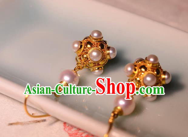 Chinese Ancient Court Princess Golden Ear Jewelry Traditional Tang Dynasty Pearls Earrings Accessories Chinese Ancient Court Princess Golden Ear Jewelry Traditional Tang Dynasty Pearls Earrings Accessories