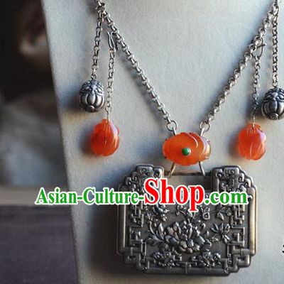 China Traditional Qing Dynasty Silver Carving Peony Necklet Jewelry Accessories National Agate Tassel Longevity Lock Pendant