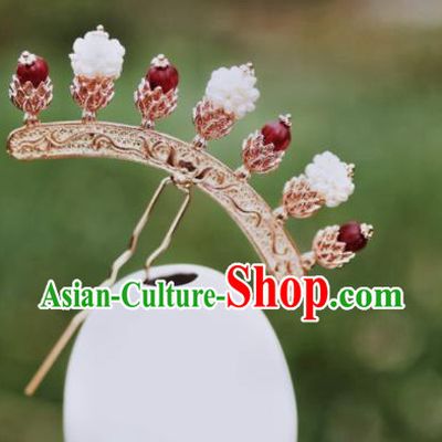 Chinese Traditional Hanfu Agate Golden Hairpin Ancient Ming Dynasty Empress Pearls Hair Stick