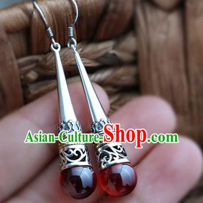 Handmade Chinese Red Garnet Eardrop Traditional Silver Ear Jewelry Classical Cheongsam Earrings Accessories