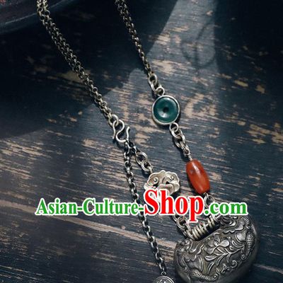 Chinese Classical Silver Carving Longevity Lock National Necklace Handmade Ethnic Necklet Accessories