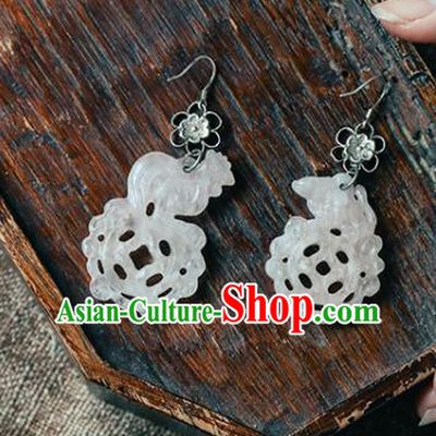Handmade Chinese White Jade Cock Eardrop Traditional Ear Jewelry Classical Cheongsam Earrings Accessories