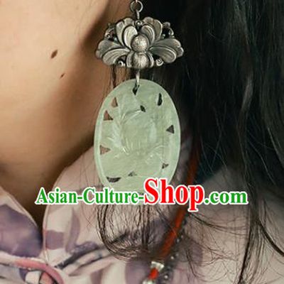 Handmade Chinese Silver Carving Peony Eardrop Traditional Ear Jewelry Classical Cheongsam Jade Earrings Accessories