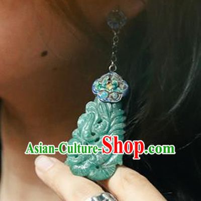 Handmade Chinese Classical Cheongsam Green Jade Earrings Accessories Silver Eardrop Traditional Cloisonne Ear Jewelry