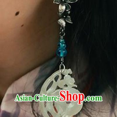 Handmade Chinese Traditional Ear Jewelry Classical Cheongsam Silver Orchid Earrings Accessories Jade Eardrop