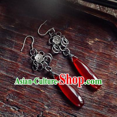 Handmade Chinese Traditional Silver Plum Ear Jewelry Classical Cheongsam Earrings Accessories Agate Eardrop