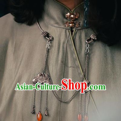 Chinese National Tassel Necklace Handmade Ethnic Necklet Accessories Classical Silver Longevity Lock