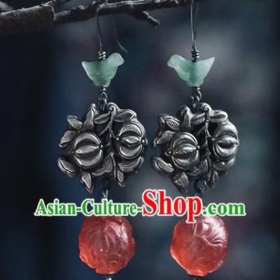 Handmade Chinese Traditional Red Coloured Glaze Ear Jewelry Classical Cheongsam Earrings Accessories Silver Flowers Eardrop