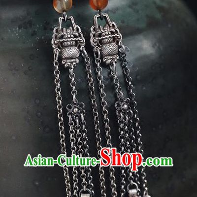 Handmade Chinese Traditional Ear Jewelry Classical Cheongsam Long Tassel Earrings Accessories Silver Flowers Basket Eardrop