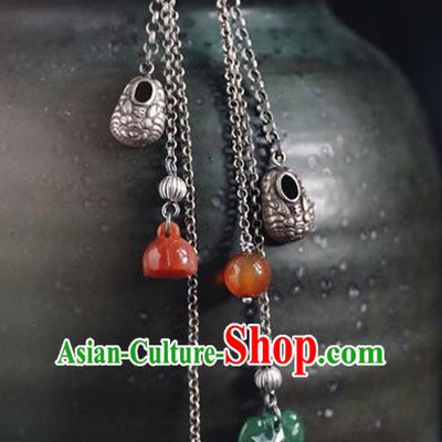 Handmade Chinese Traditional Agate Tassel Ear Jewelry Classical Cheongsam Earrings Accessories Silver Eardrop