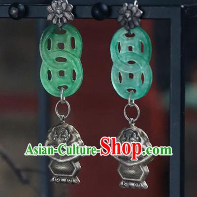 Handmade Chinese Wedding Jade Eardrop Classical Cheongsam Silver Earrings Accessories Traditional Ear Jewelry