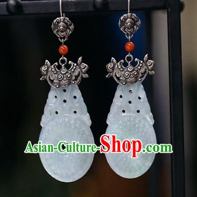 Handmade Chinese Traditional Silver Carving Bat Ear Jewelry Classical Cheongsam Earrings Accessories White Jade Eardrop
