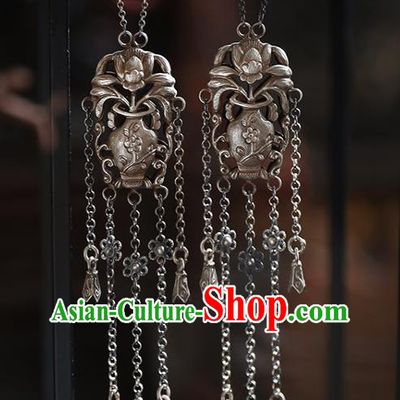 Handmade Chinese Traditional Tassel Ear Jewelry Classical Cheongsam Earrings Accessories Silver Flowers Vase Eardrop