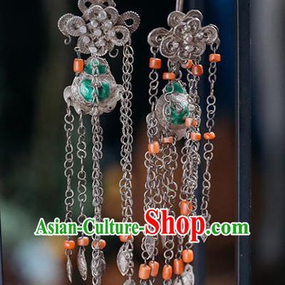 Handmade Chinese Traditional Enamel Gourd Ear Jewelry Classical Cheongsam Earrings Accessories Agate Tassel Silver Eardrop