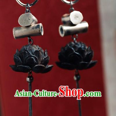 Handmade Chinese Classical Cheongsam Ebony Carving Lotus Earrings Accessories Traditional Ear Jewelry Silver Eardrop