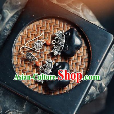 Handmade Chinese Classical Cheongsam Silver Carving Bat Earrings Accessories Traditional Ear Jewelry Ebony Eardrop