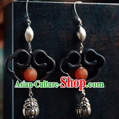 Handmade Chinese Ebony Eardrop Accessories Classical Cheongsam Silver Earrings Traditional Ear Jewelry