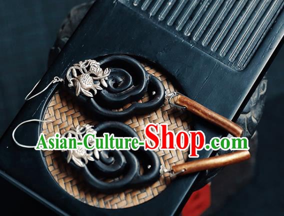 Handmade Chinese Classical Cheongsam Silver Earrings Traditional Ear Jewelry Ebony Eardrop Accessories Handmade Chinese Classical Cheongsam Silver Earrings Traditional Ear Jewelry Ebony Eardrop Accessories