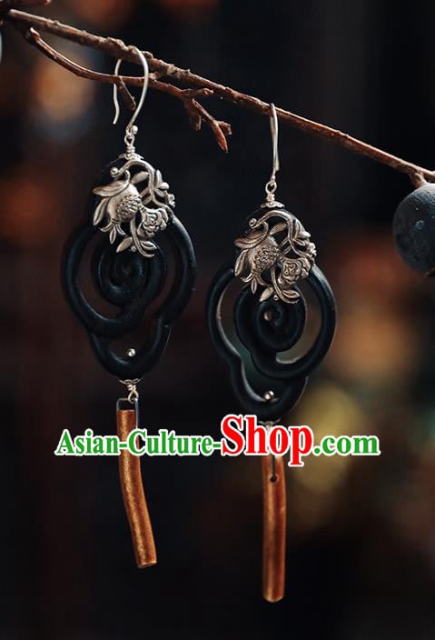 Handmade Chinese Classical Cheongsam Silver Earrings Traditional Ear Jewelry Ebony Eardrop Accessories Handmade Chinese Classical Cheongsam Silver Earrings Traditional Ear Jewelry Ebony Eardrop Accessories