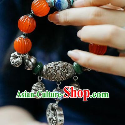 China Traditional Silver Bracelet Accessories Agate Beads Wristlet Classical Bangle Jewelry