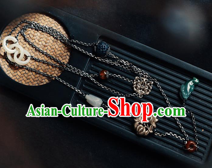 Chinese National Jade Necklace Classical Cheongsam Jewelry Handmade Ethnic Silver Tassel Necklet Accessories