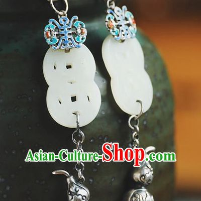 Handmade Chinese Traditional White Jade Copper Ear Jewelry Classical Cheongsam Earrings Accessories Silver Gourd Eardrop