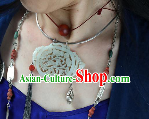 Chinese Classical Jewelry National Silver Necklace Handmade Ethnic Jade Carving Teapot Necklet Accessories Chinese Classical Jewelry National Silver Necklace Handmade Ethnic Jade Carving Teapot Necklet Accessories