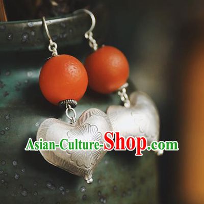 Handmade Chinese Traditional Silver Heart Ear Jewelry Classical Cheongsam Earrings Accessories Beeswax Eardrop