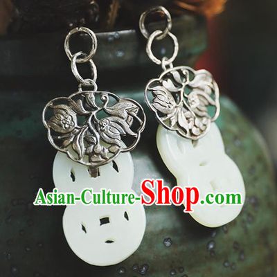 Handmade Chinese Traditional White Jade Ear Jewelry Eardrop Classical Cheongsam Silver Carving Earrings Accessories