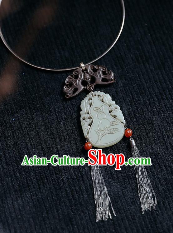 Chinese National Silver Necklace Handmade Ethnic Jade Carving Gourd Necklet Accessories Classical Jewelry