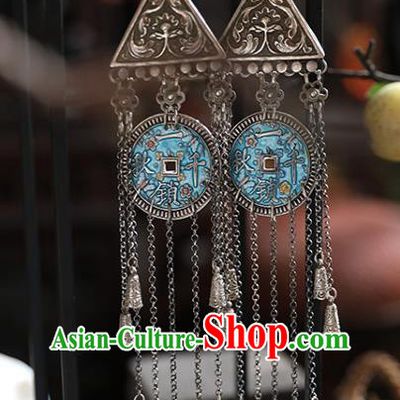 Handmade Chinese Classical Cheongsam Silver Earrings Accessories Traditional Long Tassel Ear Jewelry Wedding Blueing Copper Eardrop