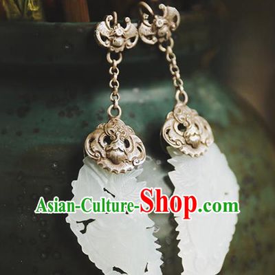 Handmade Chinese Silver Bat Eardrop Classical Cheongsam Earrings Accessories Traditional White Jade Ear Jewelry