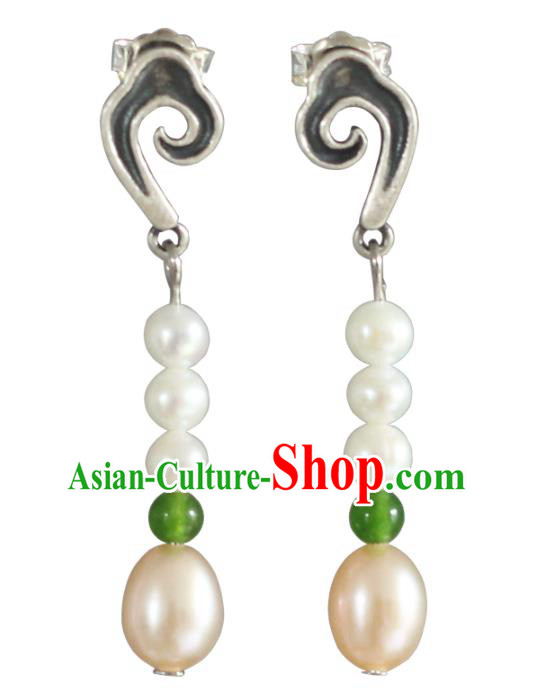 Handmade Chinese Traditional Eardrop Classical Silver Earrings Accessories Pearls Ear Jewelry