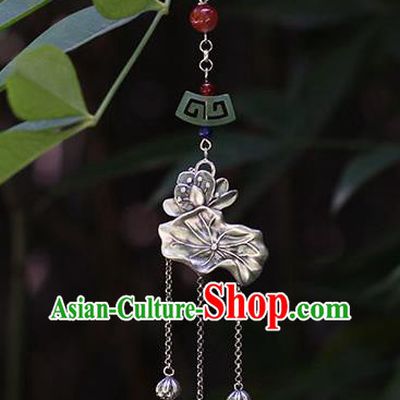 Chinese Handmade National Jade Tassel Breastpin Pendant Cheongsam Jewelry Accessories Classical Silver Lotus Brooch