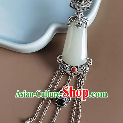 Chinese Classical Jade Brooch Handmade National Silver Tassel Breastpin Pendant Cheongsam Jewelry Accessories