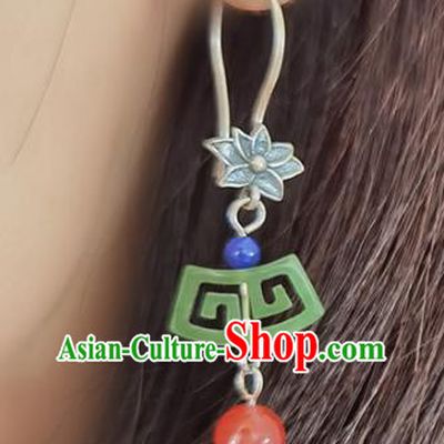 Handmade Chinese Traditional Jade Eardrop Classical Earrings Accessories Cheongsam Silver Lotus Ear Jewelry
