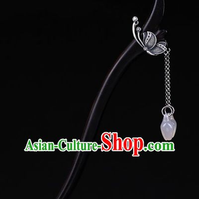 China National Silver Butterfly Ebony Hairpin Handmade Hair Jewelry Accessories Traditional Cheongsam Jade Magnolia Tassel Hair Stick