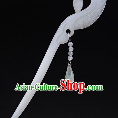 China National White Jade Swan Hairpin Handmade Hair Jewelry Accessories Traditional Cheongsam Tassel Hair Clip