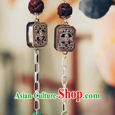 Handmade Chinese Jade Bucket Eardrop Classical Cheongsam Earrings Accessories Traditional Silver Carving Ear Jewelry