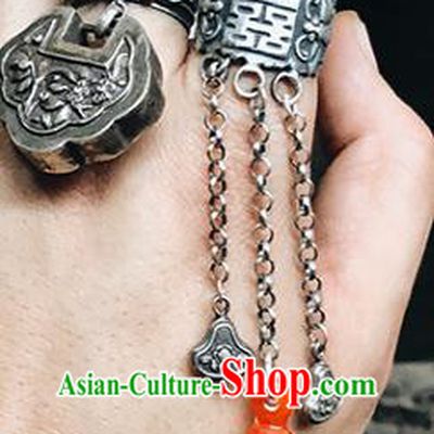 China Handmade Wedding Jewelry Accessories National Silver Ring Traditional Agate Gourd Tassel Circlet