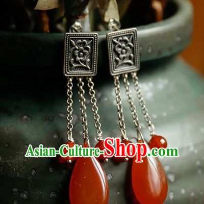 Handmade Chinese Traditional Wedding Silver Eardrop Classical Cheongsam Earrings Accessories Agate Ear Jewelry