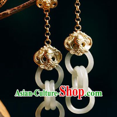 Handmade Chinese Traditional Wedding Golden Bat Eardrop Classical Cheongsam Earrings Accessories Jade Rings Ear Jewelry