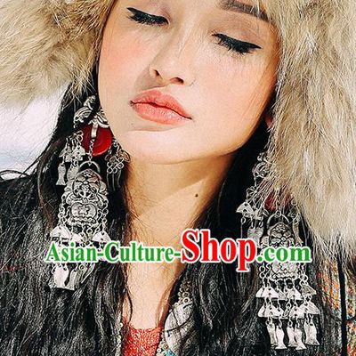 Handmade Chinese Traditional Agate Eardrop Classical Earrings Accessories Ethnic Silver Fish Tassel Ear Jewelry