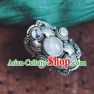 China National Moonstone Ring Traditional Handmade Gems Jewelry Accessories Silver Circlet