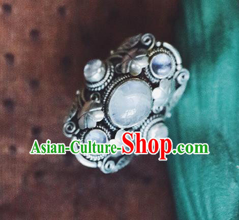 China National Moonstone Ring Traditional Handmade Gems Jewelry Accessories Silver Circlet China National Moonstone Ring Traditional Handmade Gems Jewelry Accessories Silver Circlet